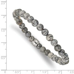 Chisel Stainless Steel Polished 6mm Grey Jasper Beaded Stretch Bracelet