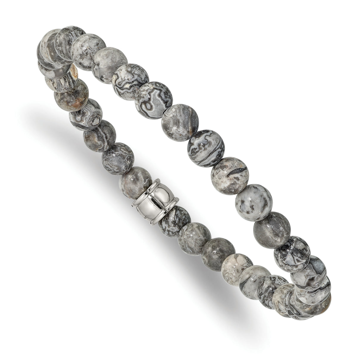 Chisel Stainless Steel Polished 6mm Grey Jasper Beaded Stretch Bracelet