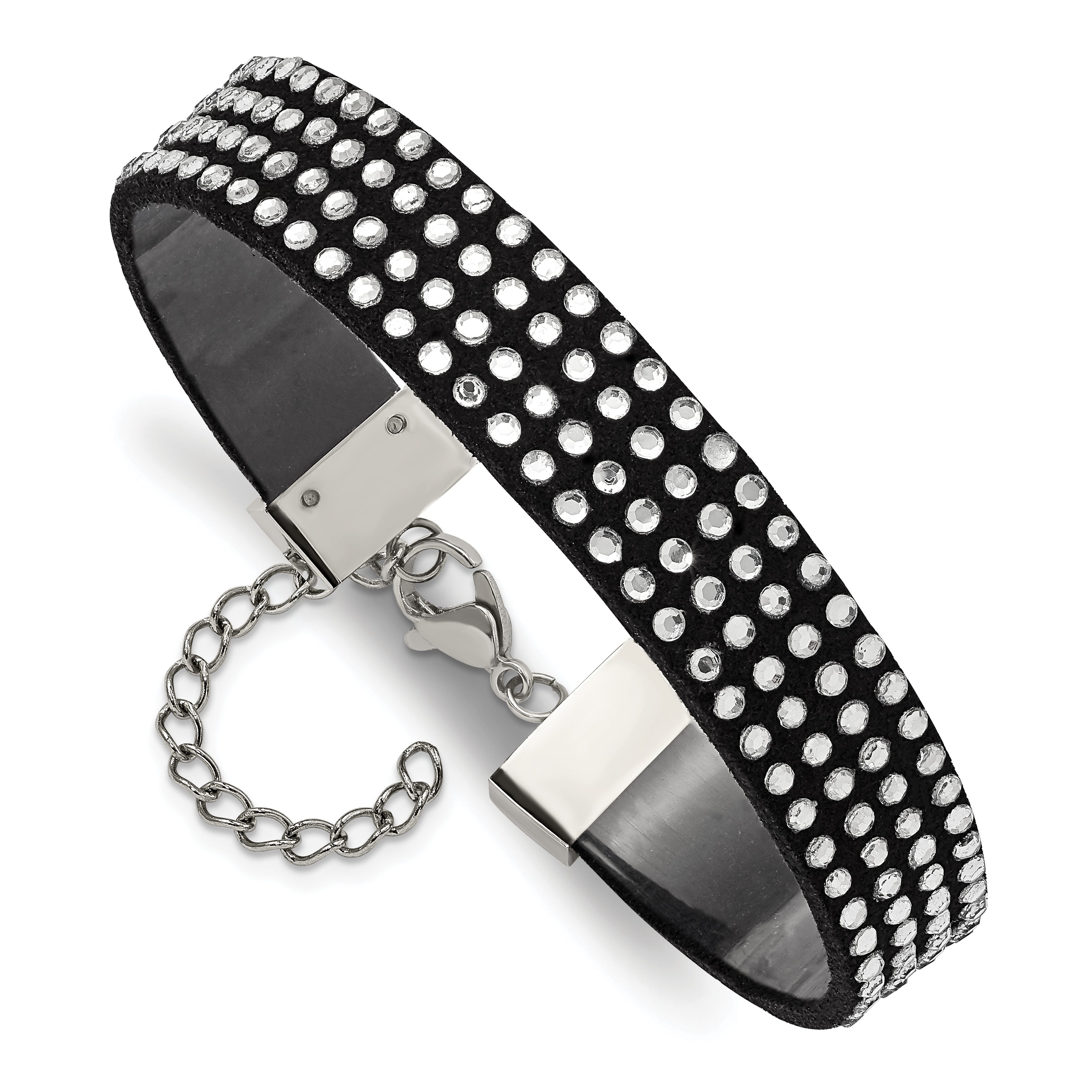 Stainless Steel Polished Black Leather w/Crystals w/1.75in ext Bracelet