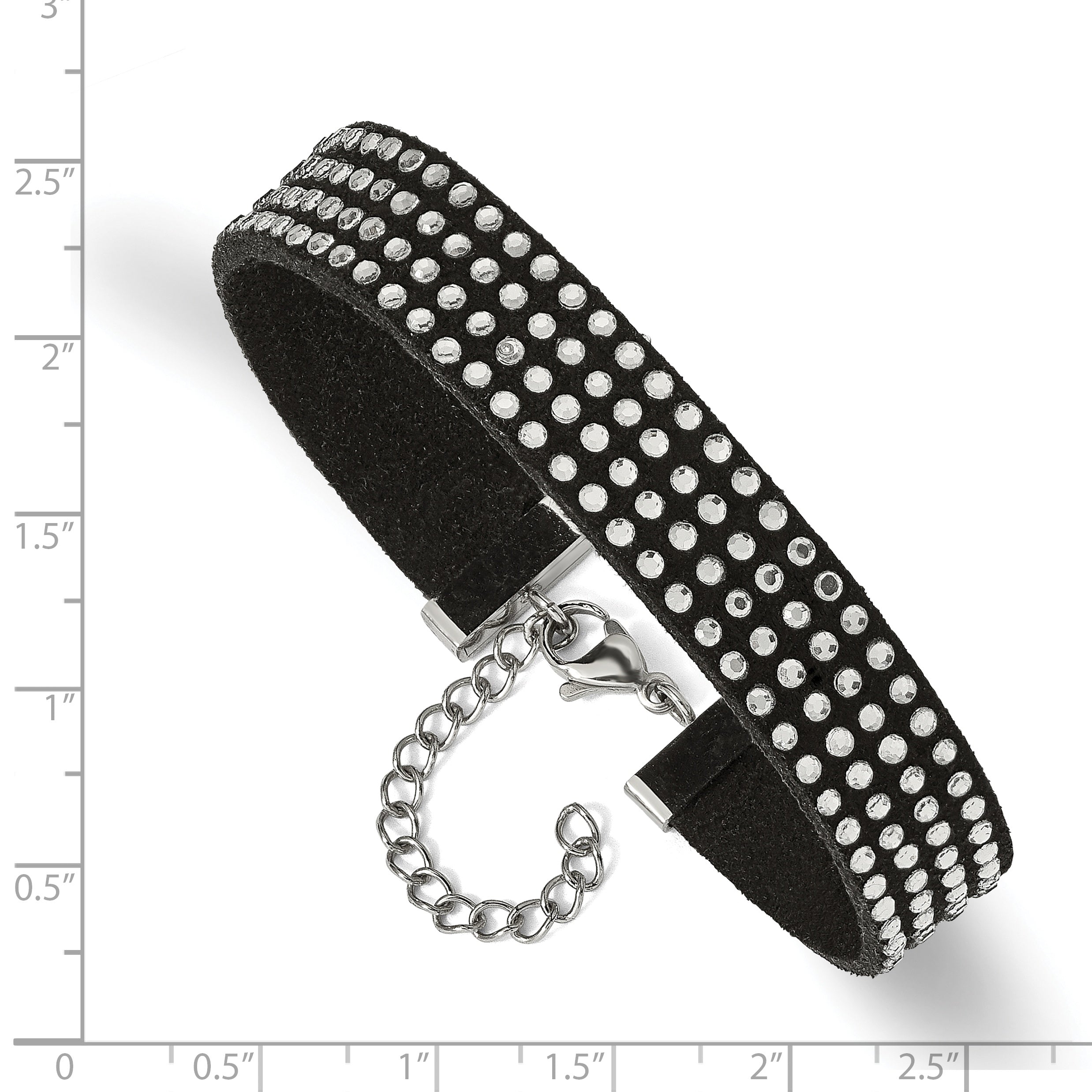 Stainless Steel Polished Black Leather w/Crystals w/1.75in ext Bracelet