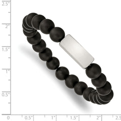 Chisel Stainless Steel Brushed ID Plate 8mm Black Agate Beaded Stretch Bracelet