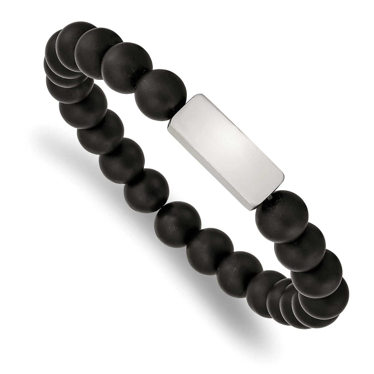 Chisel Stainless Steel Brushed ID Plate 8mm Black Agate Beaded Stretch Bracelet