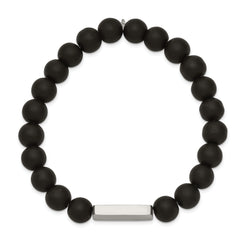 Chisel Stainless Steel Polished ID Plate 8mm Black Agate Beaded Stretch Bracelet