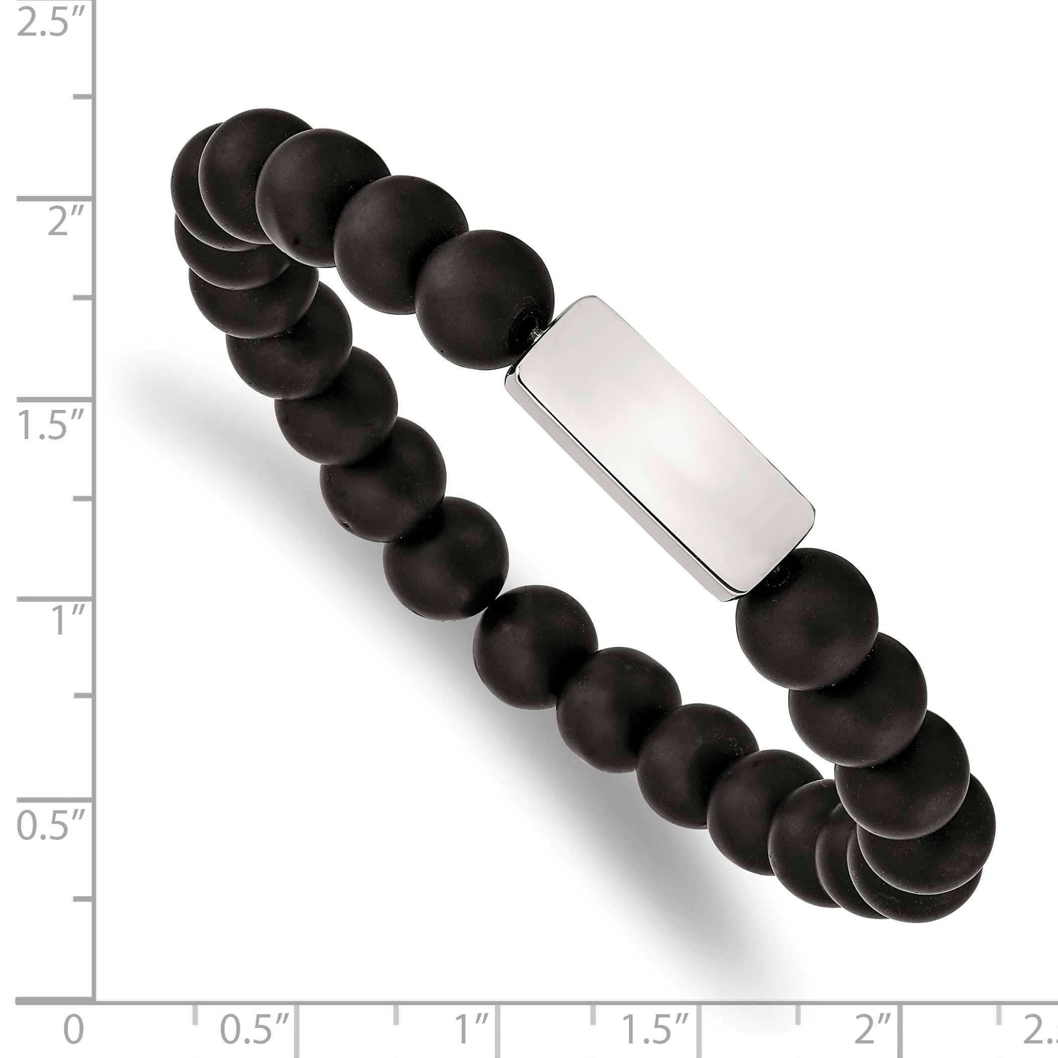 Chisel Stainless Steel Polished ID Plate 8mm Black Agate Beaded Stretch Bracelet