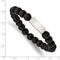 Chisel Stainless Steel Polished ID Plate 8mm Black Agate Beaded Stretch Bracelet