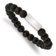 Chisel Stainless Steel Polished ID Plate 8mm Black Agate Beaded Stretch Bracelet