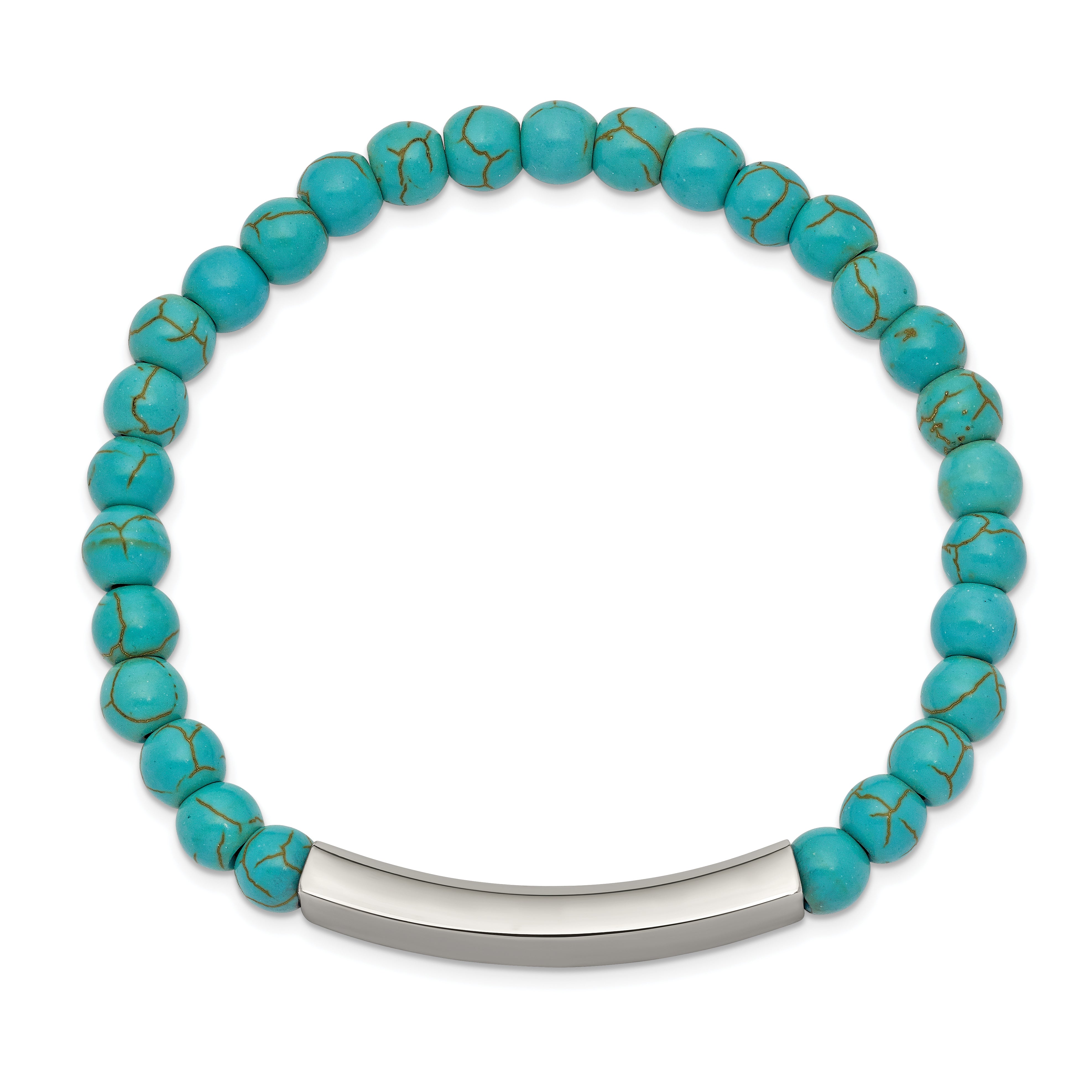 Chisel Stainless Steel Polished ID Plate 6mm Reconstructed Turquoise Beaded Stretch Bracelet