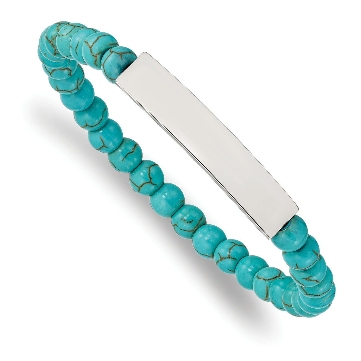 Chisel Stainless Steel Polished ID Plate 6mm Reconstructed Turquoise Beaded Stretch Bracelet