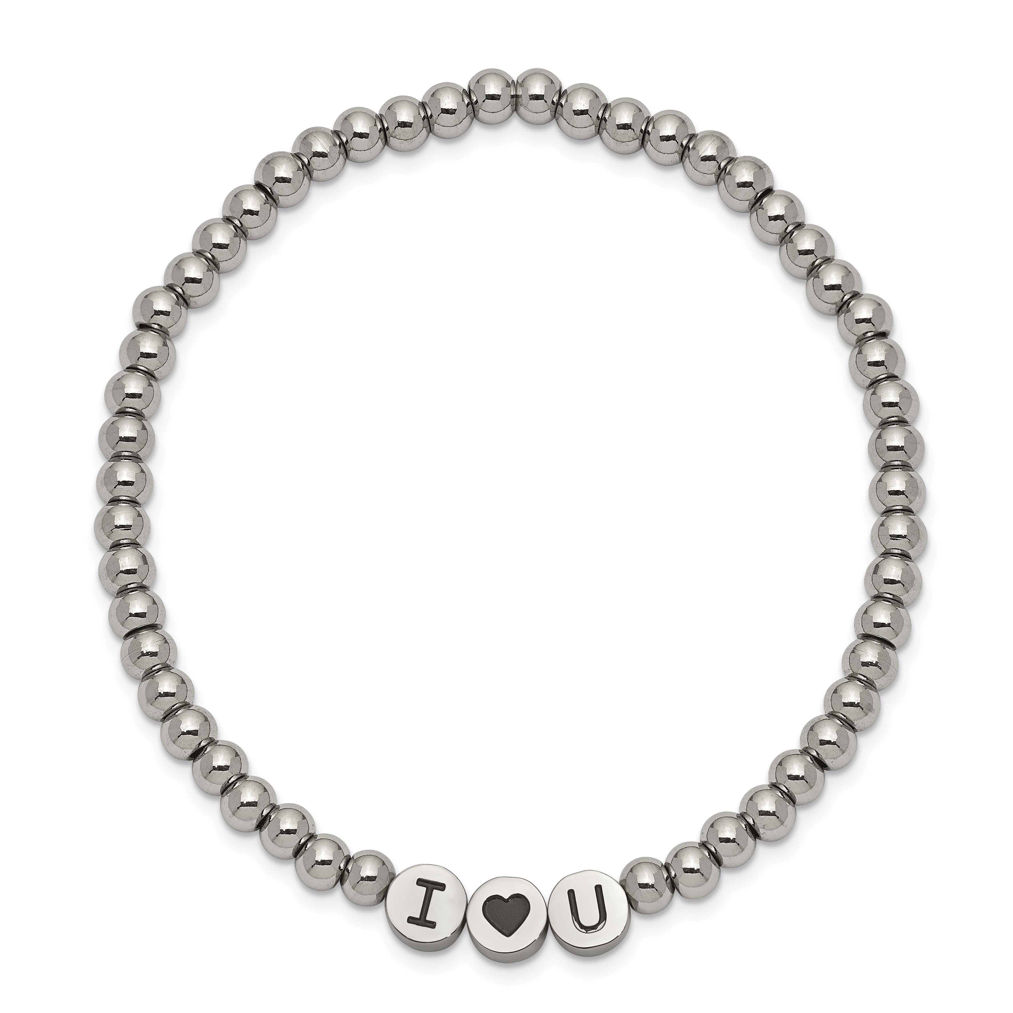 Chisel Stainless Steel Antiqued and Polished I HEART U 4mm Beaded Stretch Bracelet