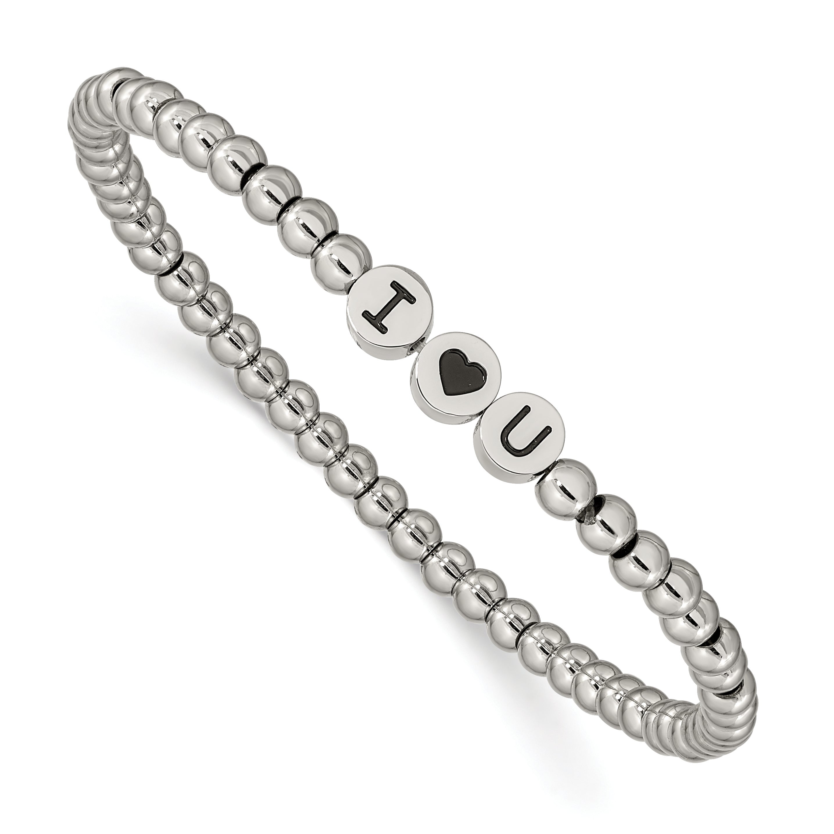 Chisel Stainless Steel Antiqued and Polished I HEART U 4mm Beaded Stretch Bracelet