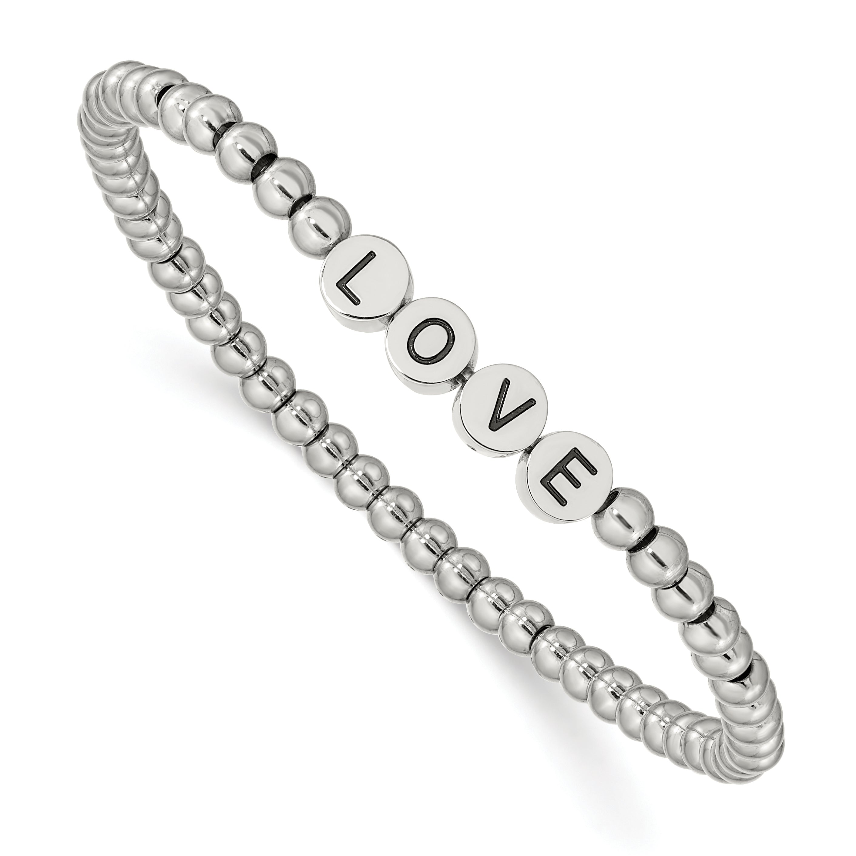 Chisel Stainless Steel Antiqued and Polished LOVE 4mm Beaded Stretch Bracelet