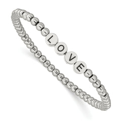 Chisel Stainless Steel Antiqued and Polished LOVE 4mm Beaded Stretch Bracelet