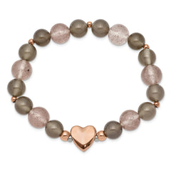 Chisel Stainless Steel Polished Rose IP-plated Heart 10mm Grey Agate and Strawberry Quartz Beaded Stretch Bracelet