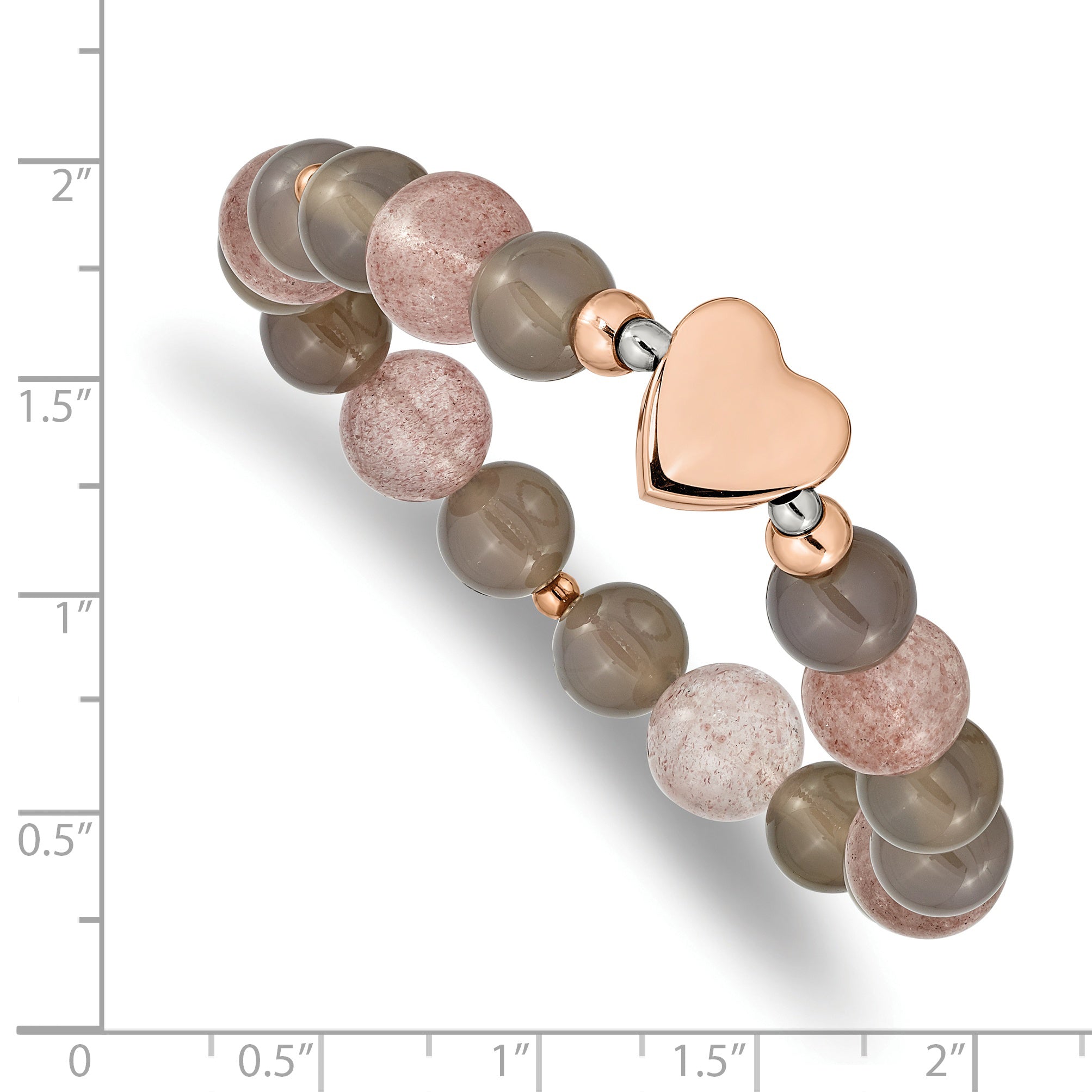 Chisel Stainless Steel Polished Rose IP-plated Heart 10mm Grey Agate and Strawberry Quartz Beaded Stretch Bracelet