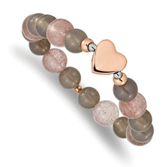 Chisel Stainless Steel Polished Rose IP-plated Heart 10mm Grey Agate and Strawberry Quartz Beaded Stretch Bracelet