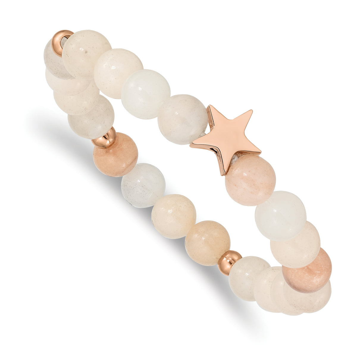 Chisel Stainless Steel Polished Rose IP-plated Star 8.5mm Pink and White Aventurine Beaded Stretch Bracelet