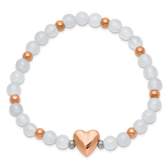 Chisel Stainless Steel Polished Rose IP-plated Heart 6mm White Agate Beaded Stretch Bracelet