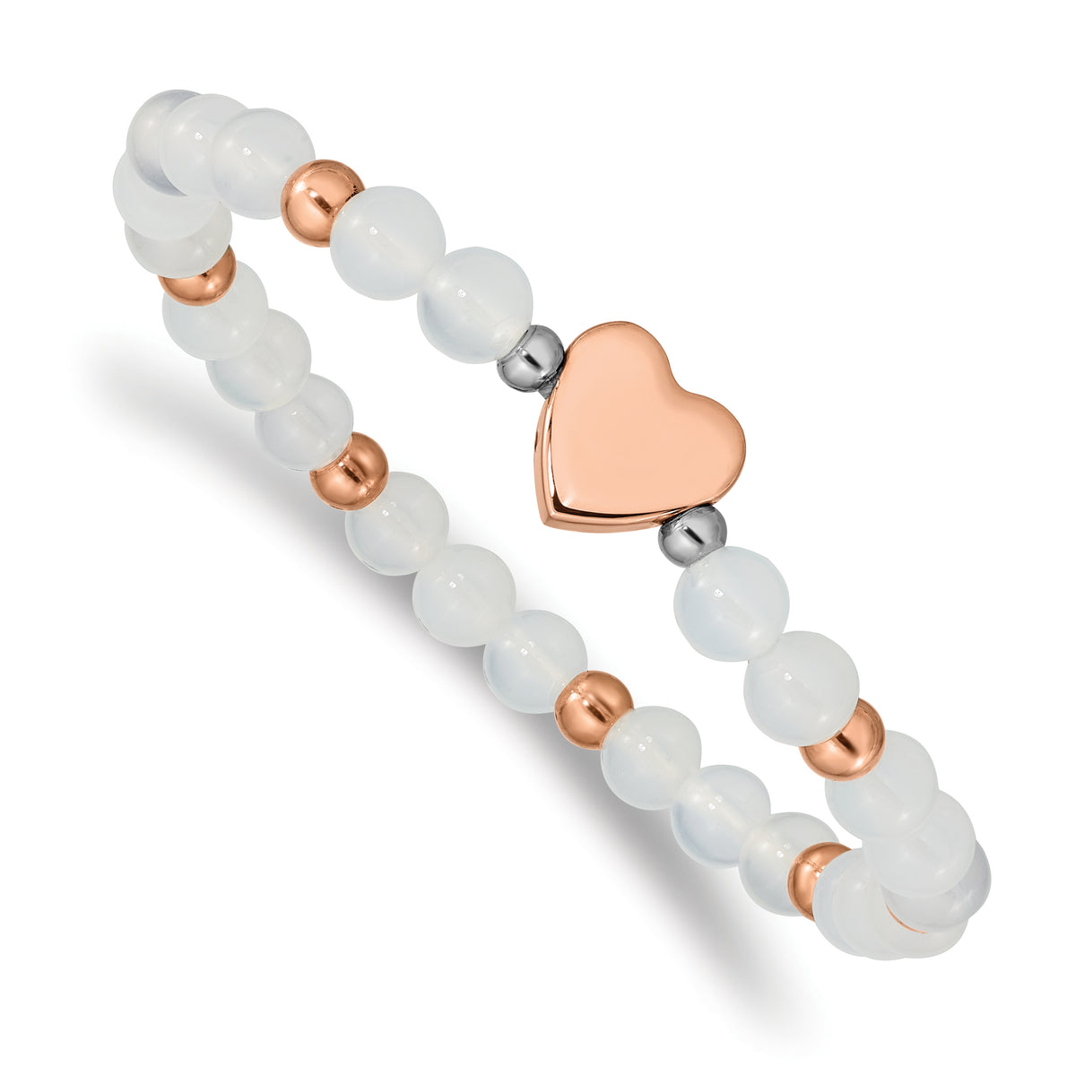 Chisel Stainless Steel Polished Rose IP-plated Heart 6mm White Agate Beaded Stretch Bracelet