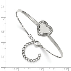 Chisel Stainless Steel Polished with CZ Heart 6.5 inch Bangle Bracelet with 2 inch Extension