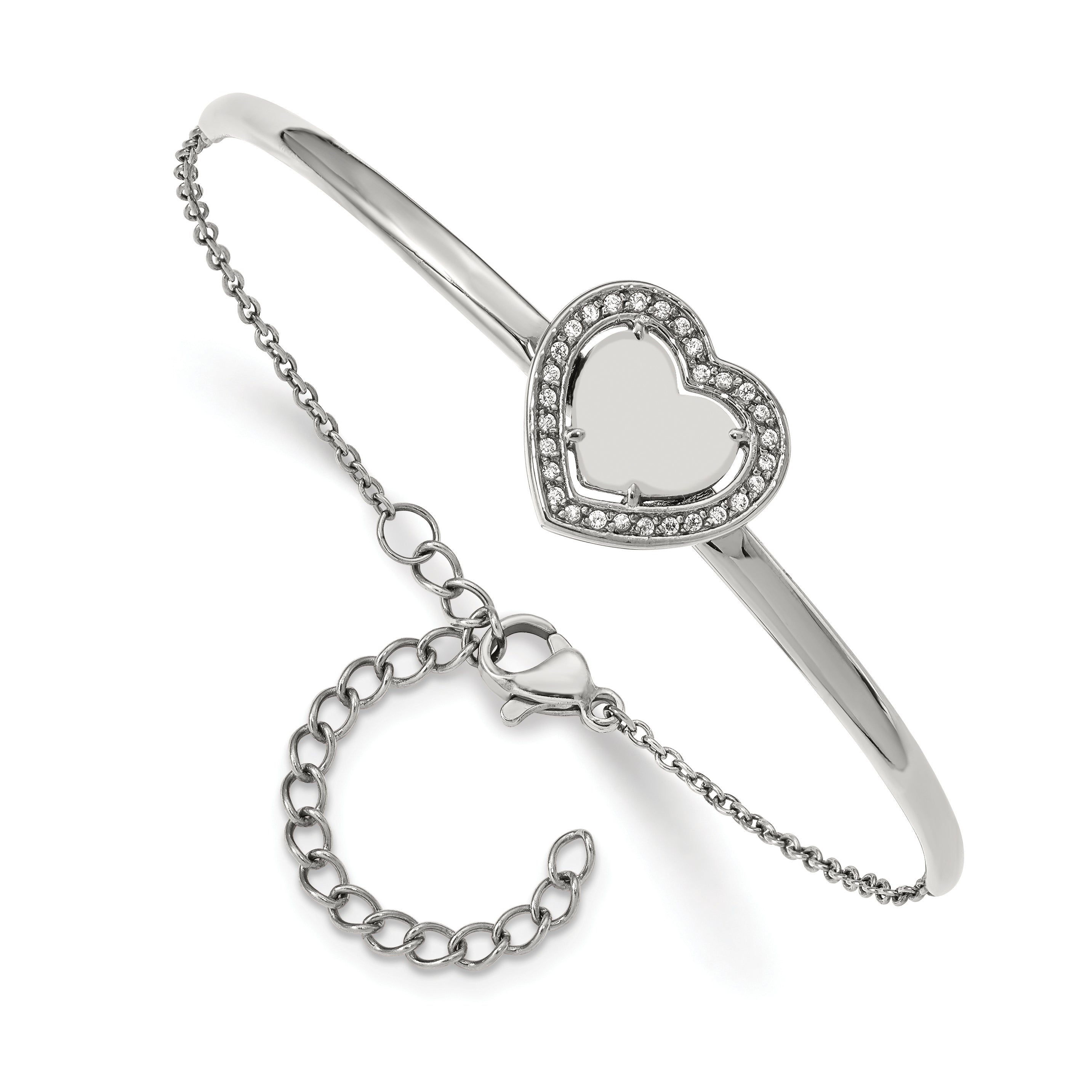 Chisel Stainless Steel Polished with CZ Heart 6.5 inch Bangle Bracelet with 2 inch Extension