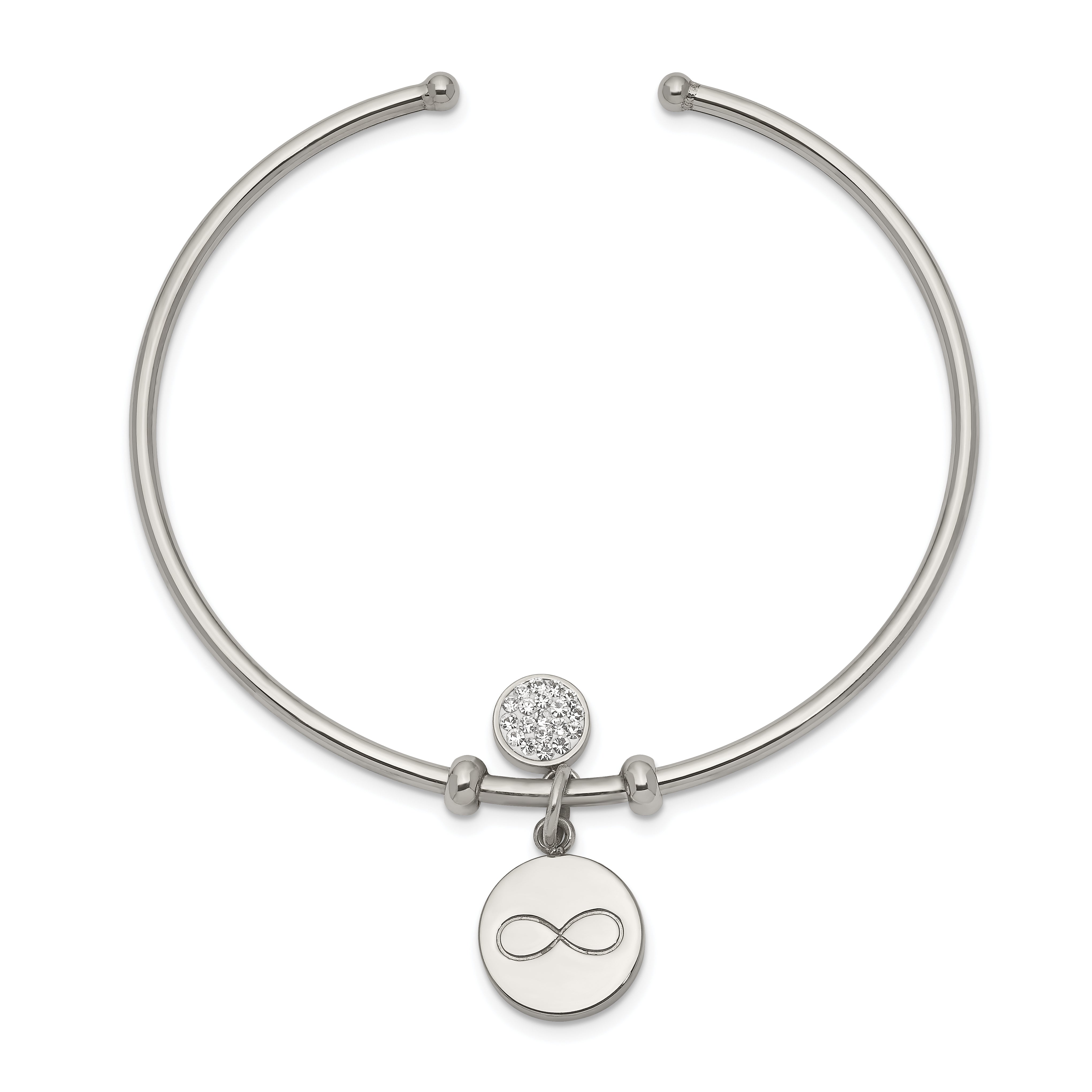 Chisel Stainless Steel Polished with Preciosa Crystal and Infinity Dangles Flexible Cuff Bangle