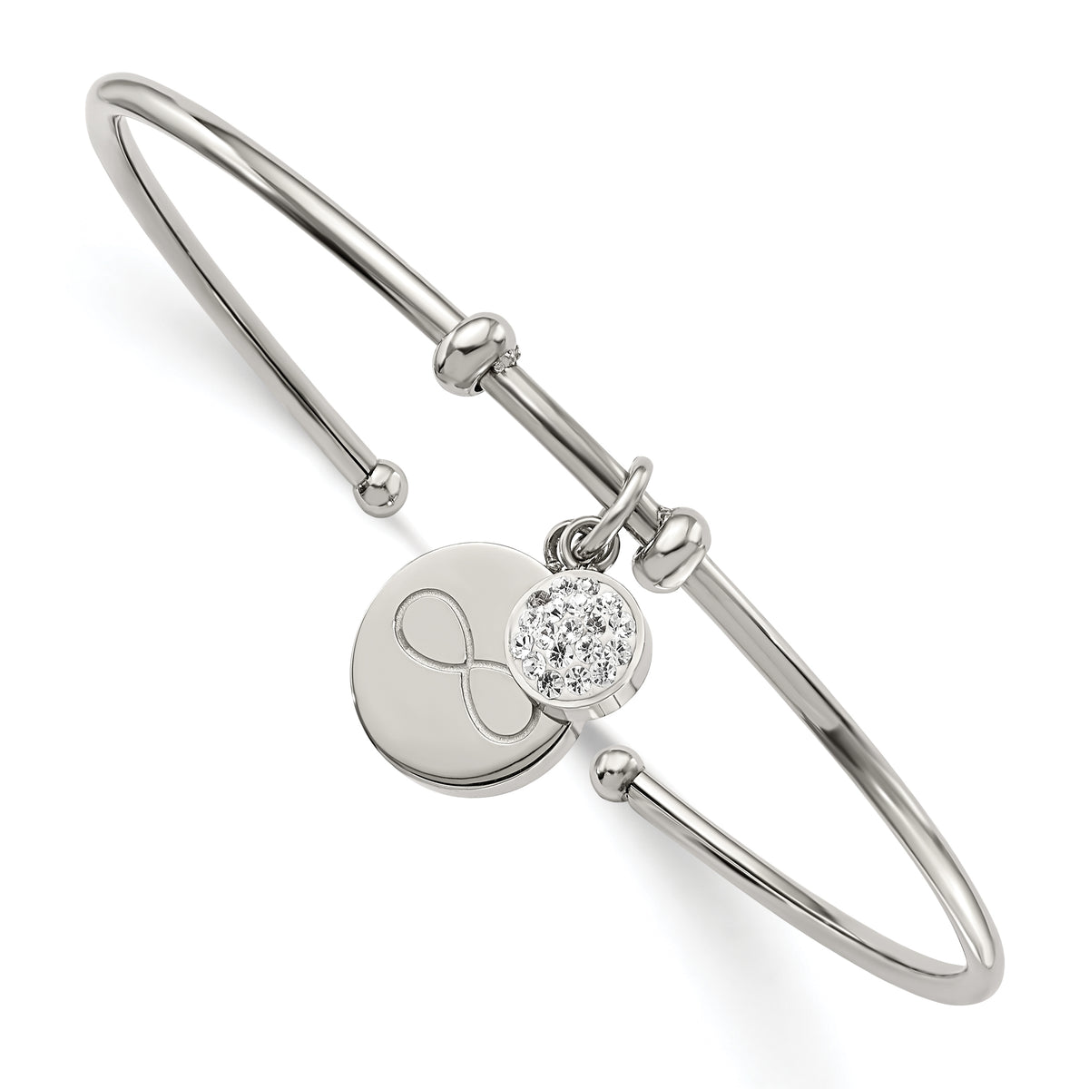 Chisel Stainless Steel Polished with Preciosa Crystal and Infinity Dangles Flexible Cuff Bangle