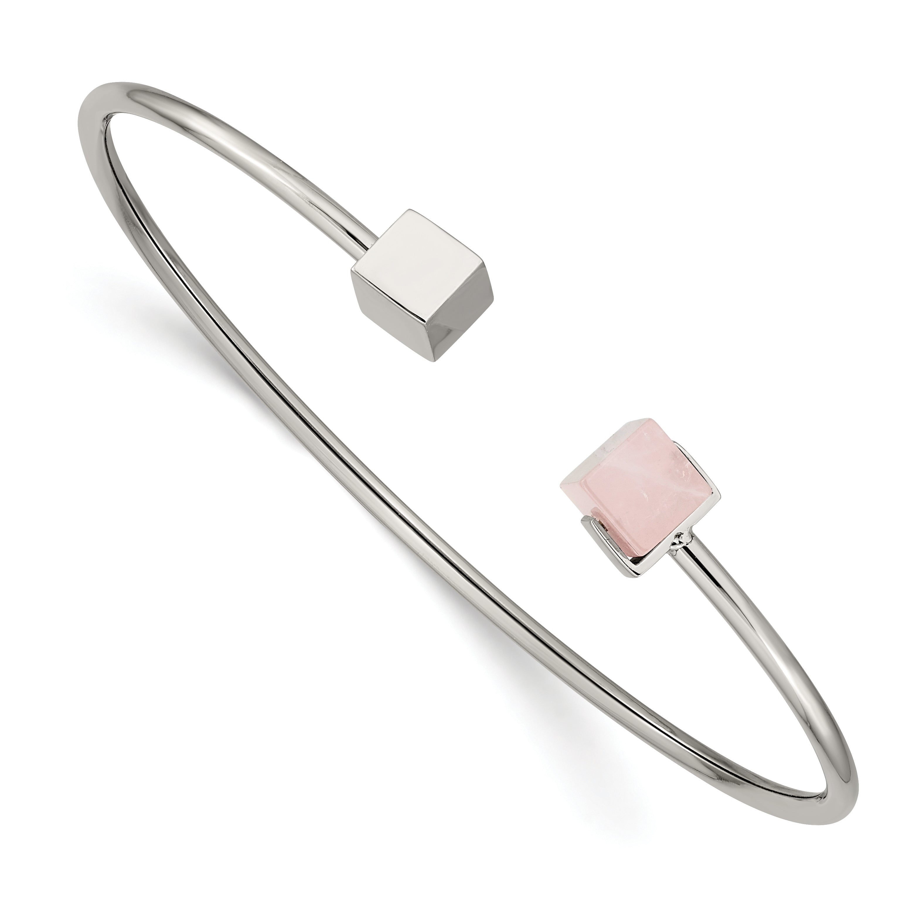 Chisel Stainless Steel Polished with Rose Quartz Flexible Cuff Bangle