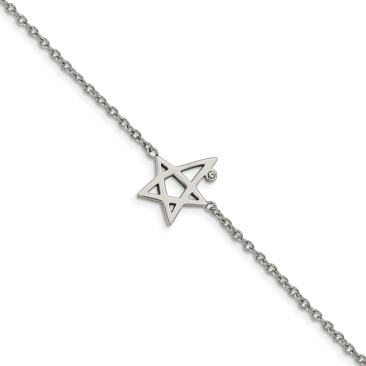 Stainless Steel Polished w/Swarovski 7.5in w/1in ext. Star Bracelet