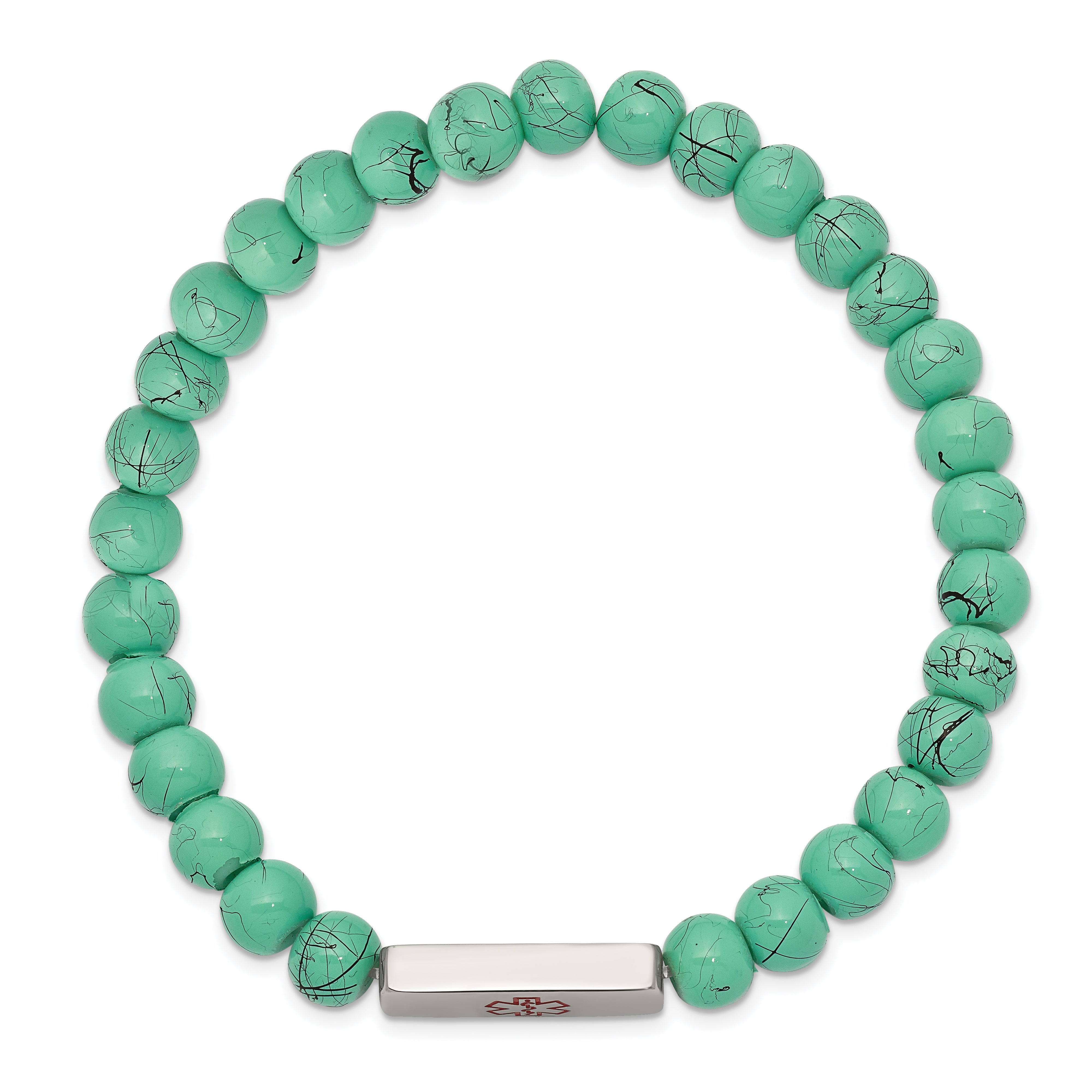 Chisel Stainless Steel Polished with Red Enamel Medical ID 6.5mm Turquoise Glass Beaded Stretch Bracelet