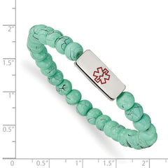 Chisel Stainless Steel Polished with Red Enamel Medical ID 6.5mm Turquoise Glass Beaded Stretch Bracelet