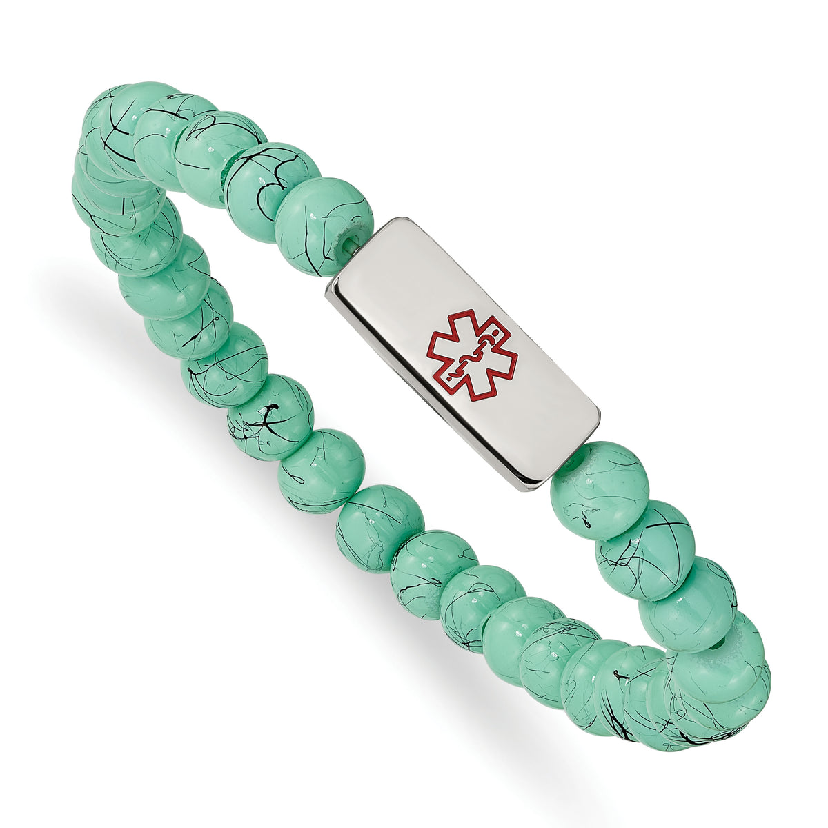 Chisel Stainless Steel Polished with Red Enamel Medical ID 6.5mm Turquoise Glass Beaded Stretch Bracelet