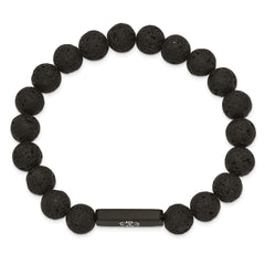 Chisel Stainless Steel Brushed Black IP-plated with White Enamel Medical ID 8.5mm Lava Stone Beaded Stretch Bracelet