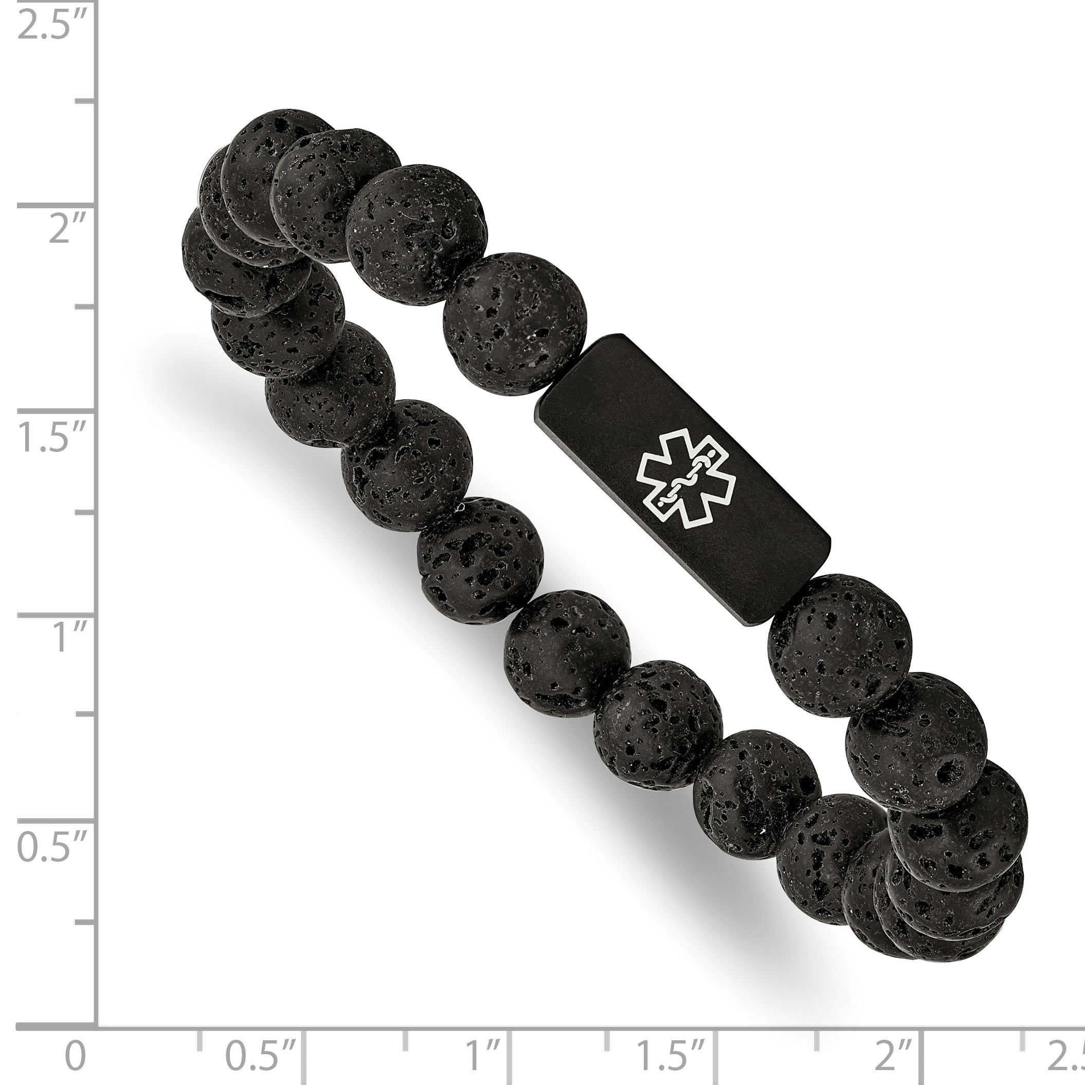 Chisel Stainless Steel Brushed Black IP-plated with White Enamel Medical ID 8.5mm Lava Stone Beaded Stretch Bracelet