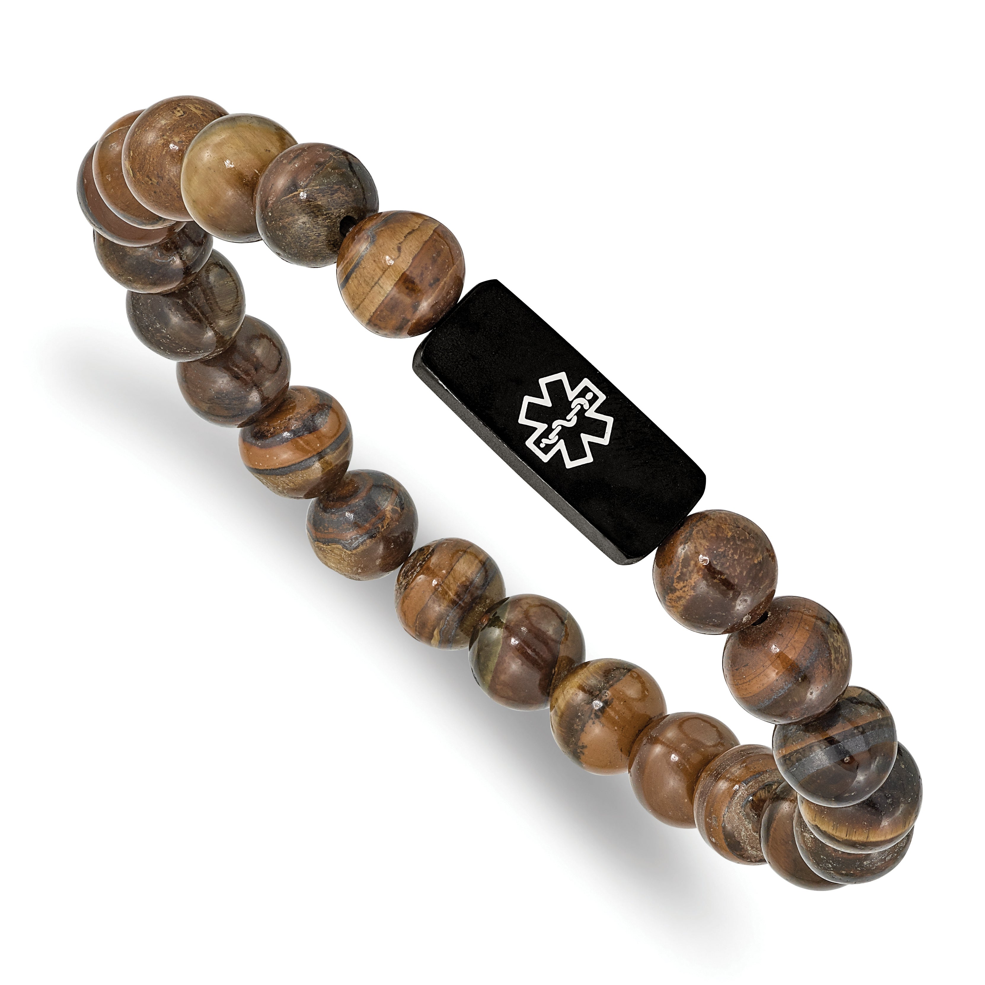 Stainless Steel Brushed Black IP Medical ID Tiger's Eye Stretch Bracelet