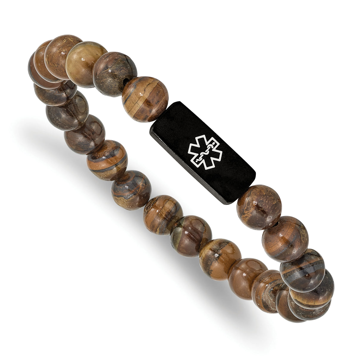 Stainless Steel Brushed Black IP Medical ID Tiger's Eye Stretch Bracelet