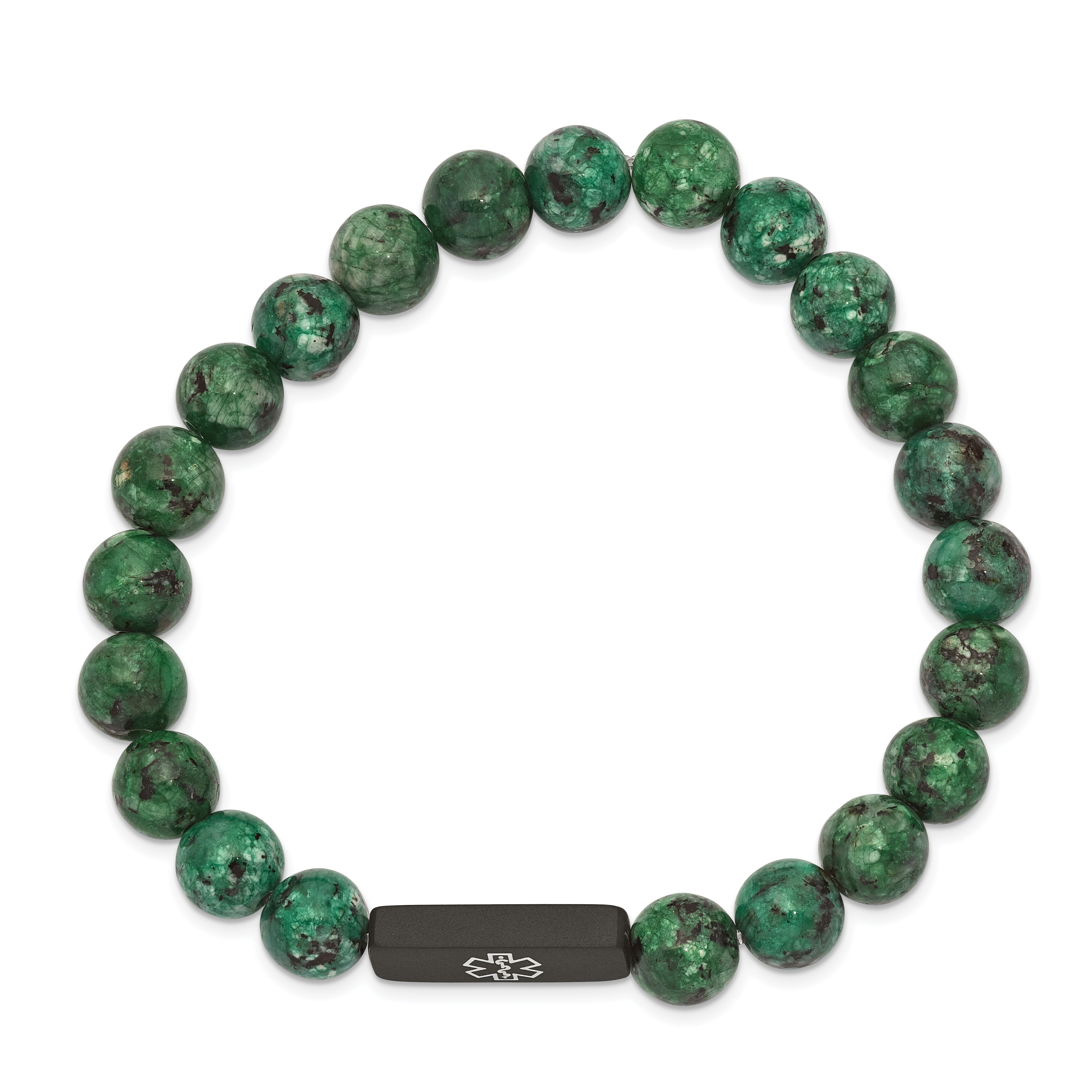 Chisel Stainless Steel Brushed Black IP-plated with White Enamel Medical ID 8.5mm Dyed Green Stone Beaded Stretch Bracelet