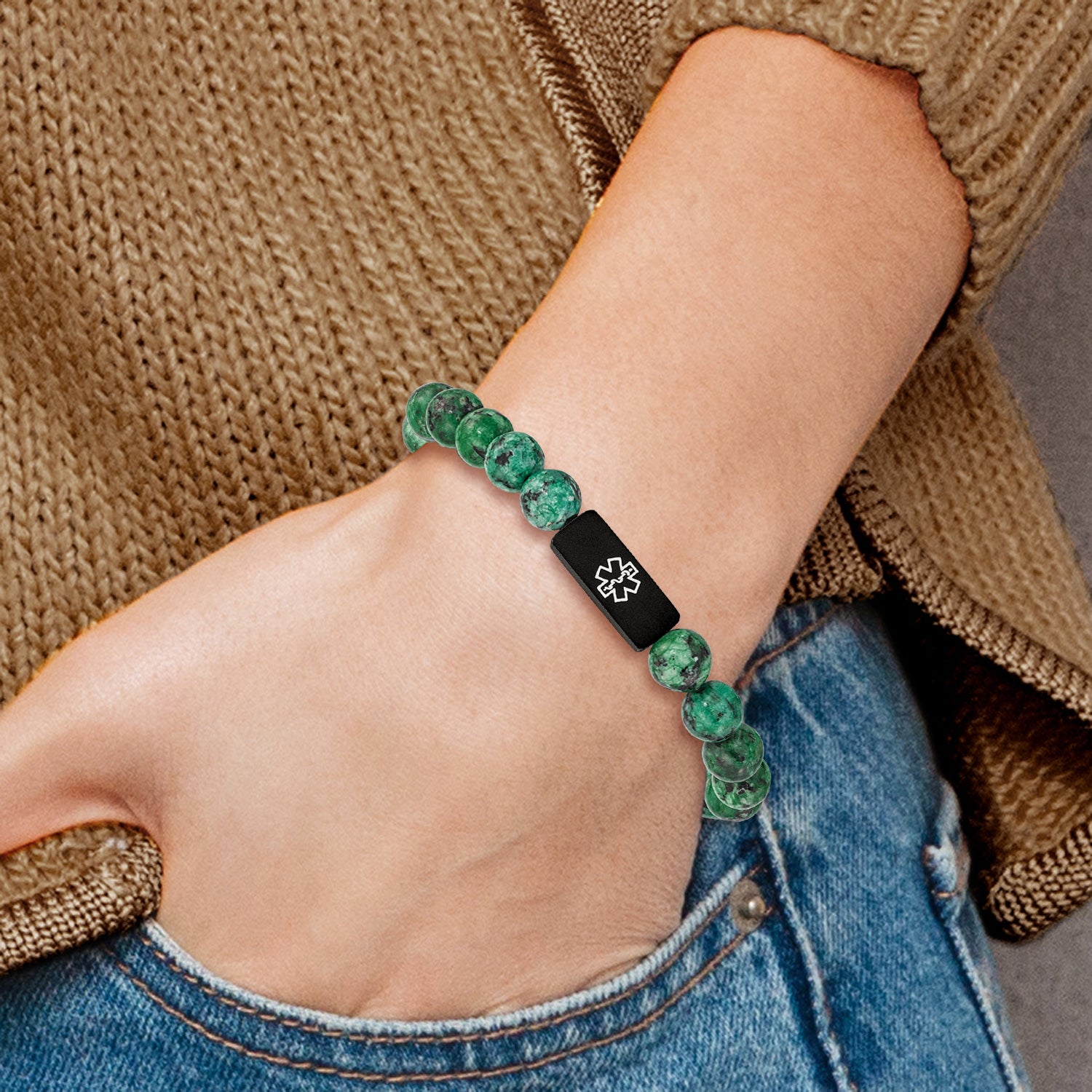 Chisel Stainless Steel Brushed Black IP-plated with White Enamel Medical ID 8.5mm Dyed Green Stone Beaded Stretch Bracelet