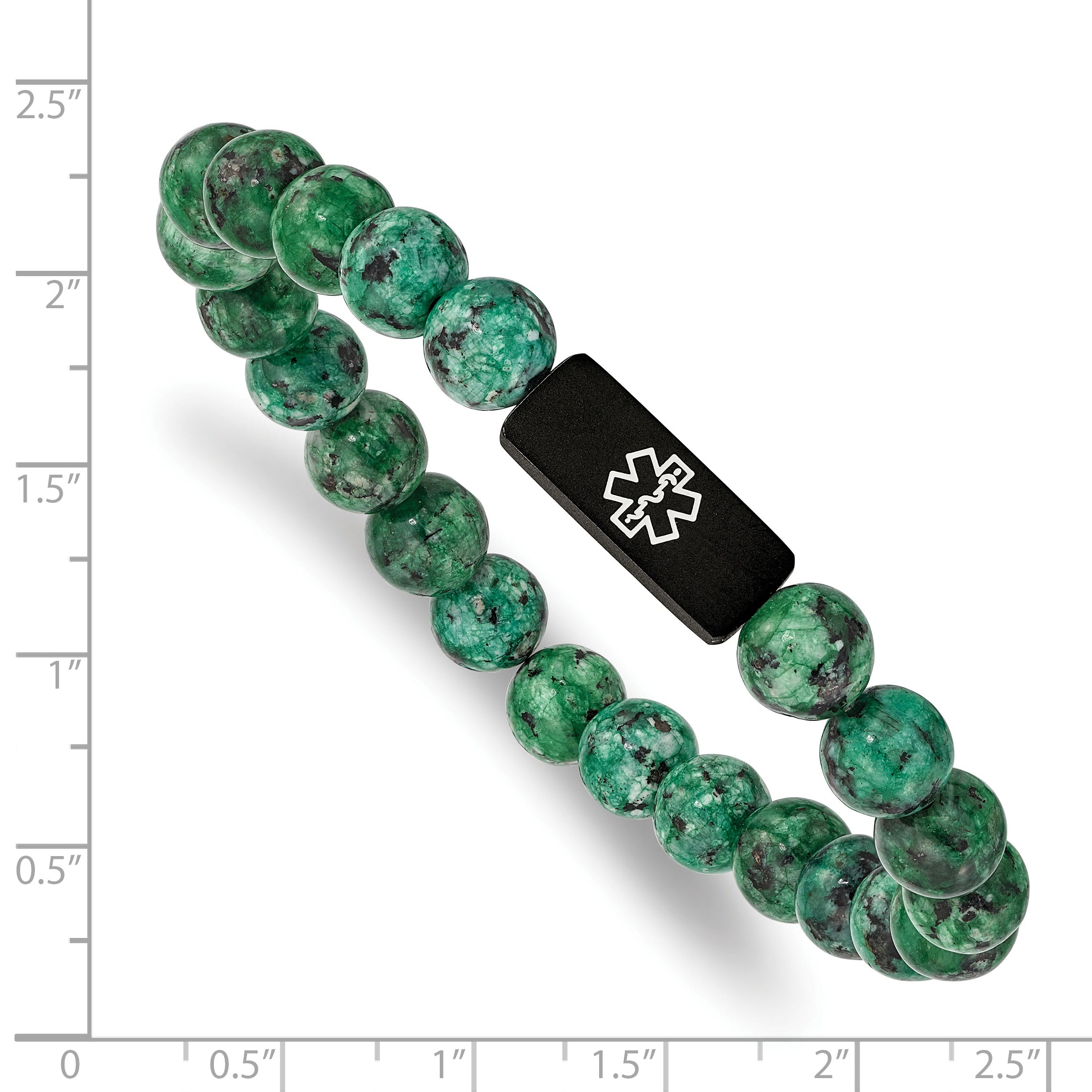 Chisel Stainless Steel Brushed Black IP-plated with White Enamel Medical ID 8.5mm Dyed Green Stone Beaded Stretch Bracelet