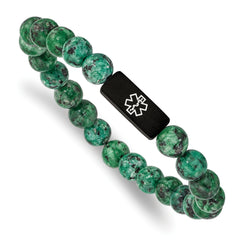 Chisel Stainless Steel Brushed Black IP-plated with White Enamel Medical ID 8.5mm Dyed Green Stone Beaded Stretch Bracelet