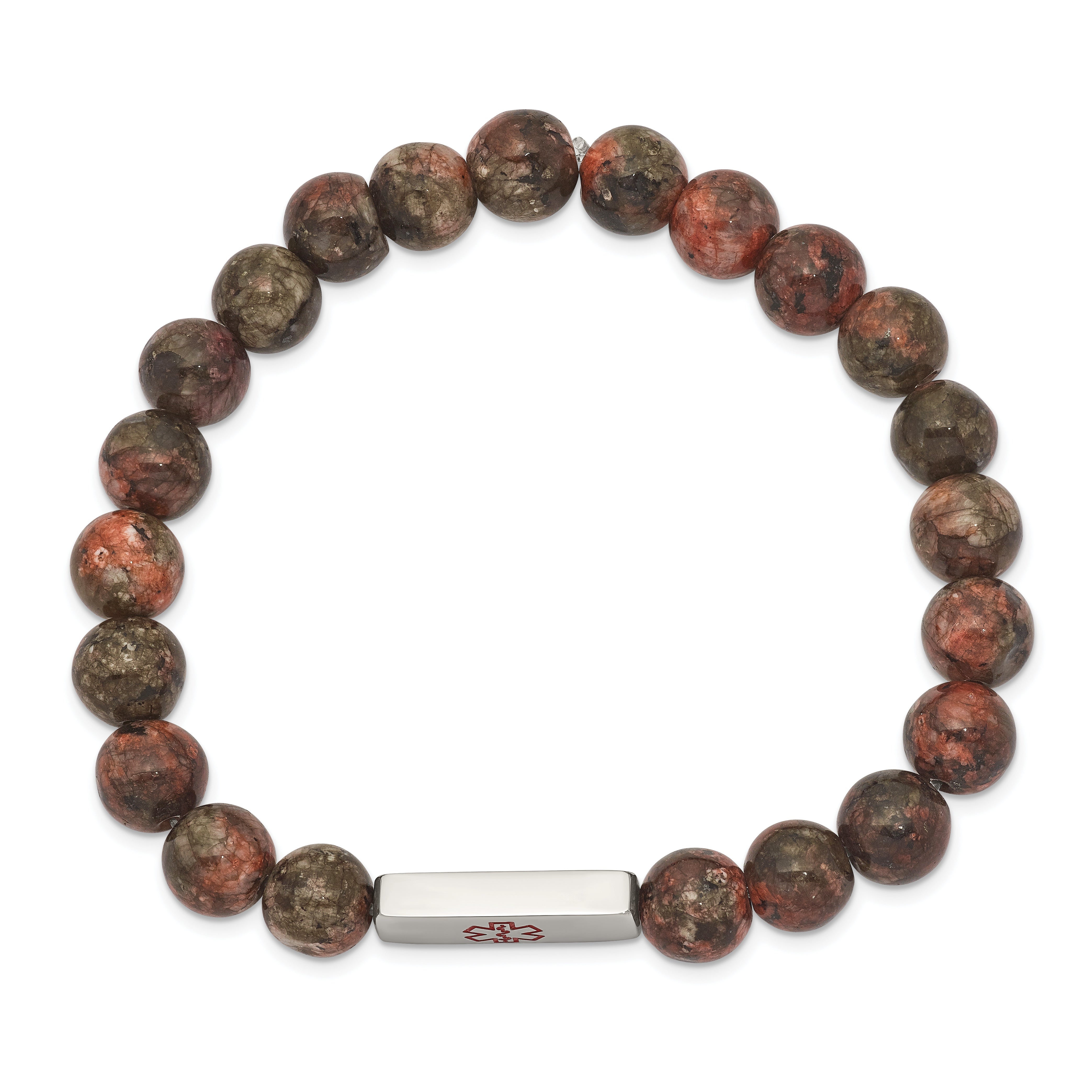 Chisel Stainless Steel Polished with Red Enamel Medical ID 8.5mm Poppy Jasper Beaded Stretch Bracelet