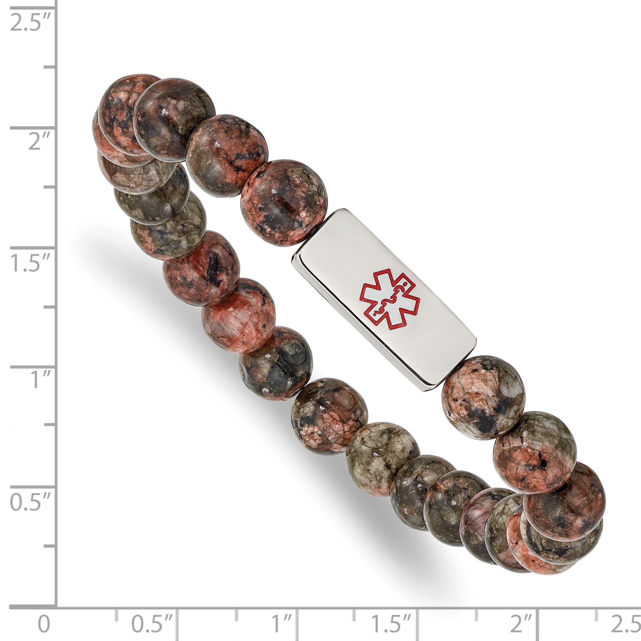 Chisel Stainless Steel Polished with Red Enamel Medical ID 8.5mm Poppy Jasper Beaded Stretch Bracelet