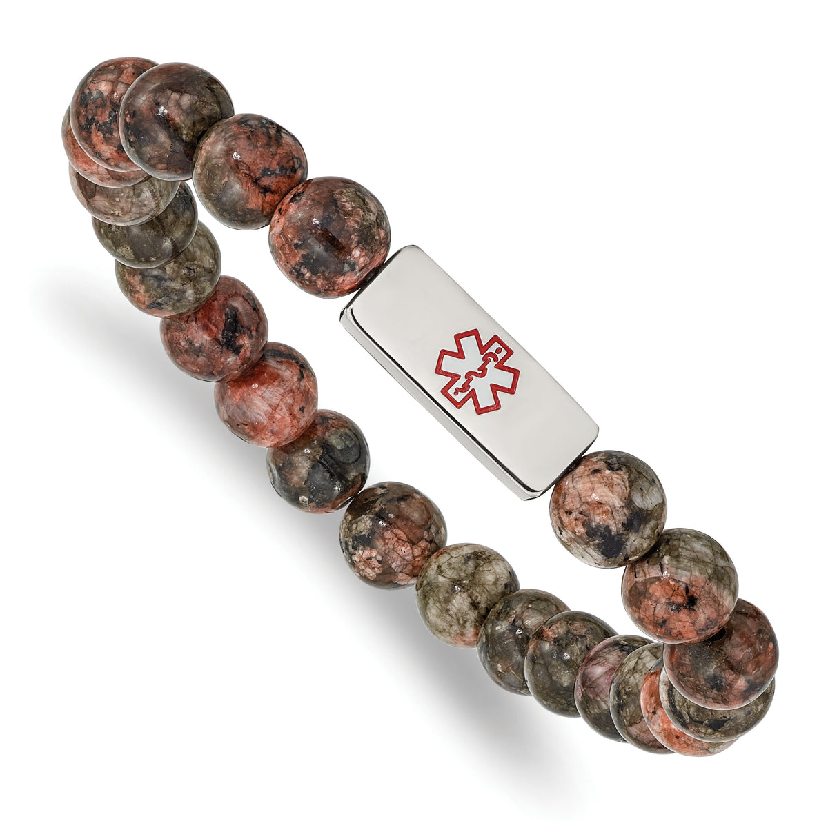 Chisel Stainless Steel Polished with Red Enamel Medical ID 8.5mm Poppy Jasper Beaded Stretch Bracelet