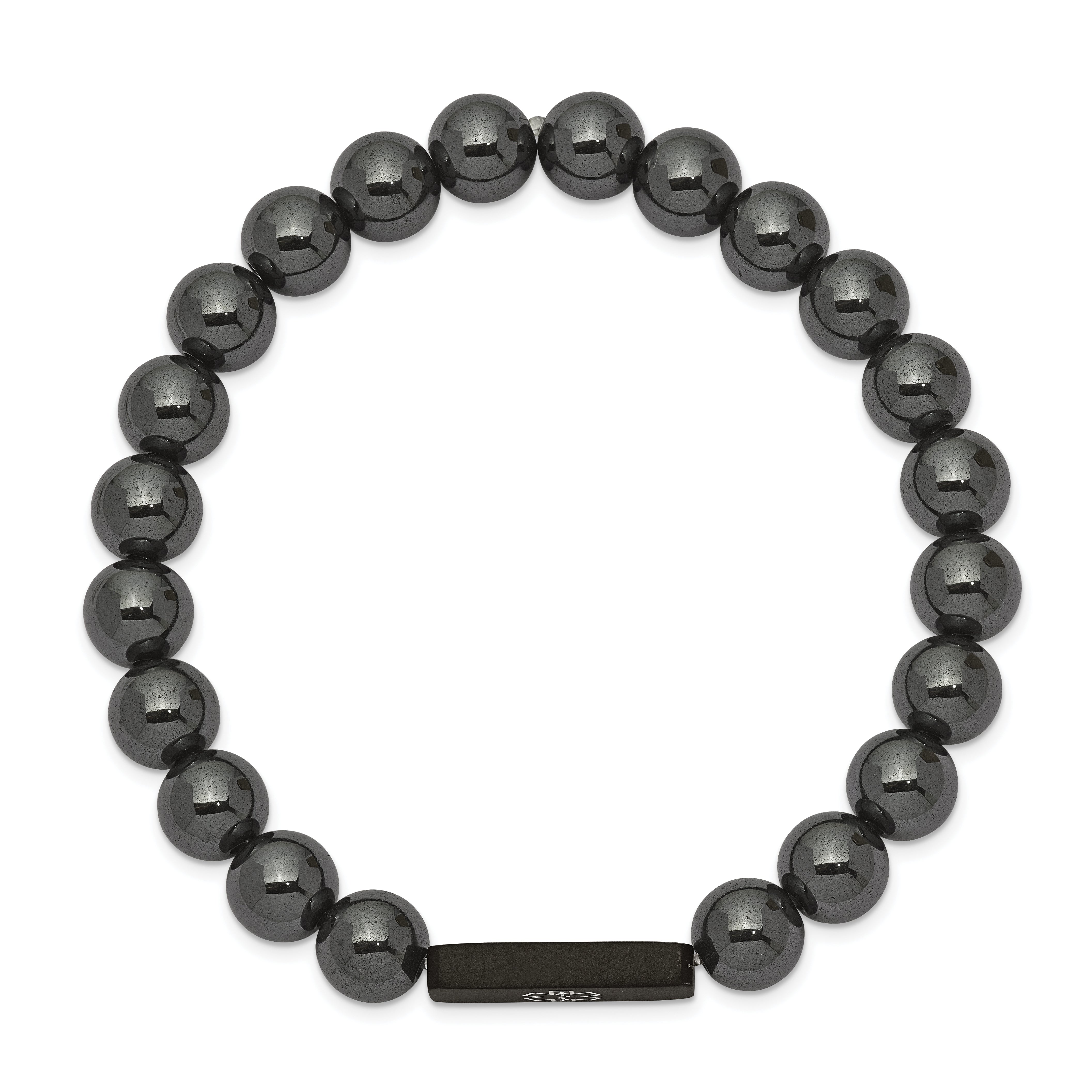 Chisel Stainless Steel Brushed Black IP-plated with White Enamel Medical ID 8mm Hematite Beaded Stretch Bracelet