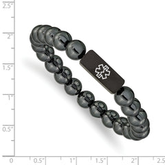 Chisel Stainless Steel Brushed Black IP-plated with White Enamel Medical ID 8mm Hematite Beaded Stretch Bracelet