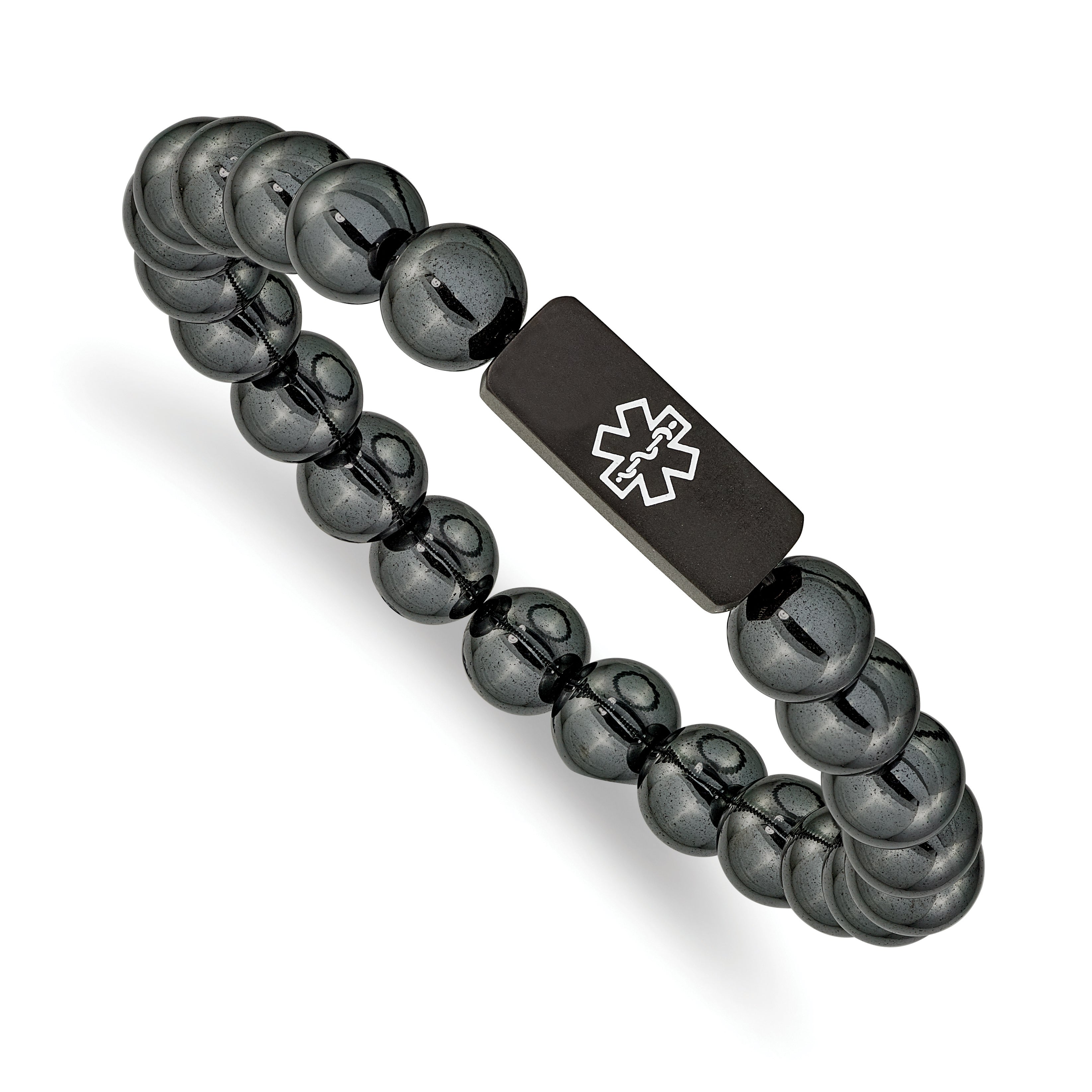 Chisel Stainless Steel Brushed Black IP-plated with White Enamel Medical ID 8mm Hematite Beaded Stretch Bracelet