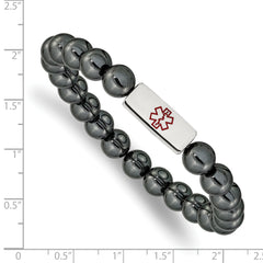 Chisel Stainless Steel Polished with Red Enamel Medical ID 8mm Hematite Beaded Stretch Bracelet