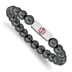 Chisel Stainless Steel Polished with Red Enamel Medical ID 8mm Hematite Beaded Stretch Bracelet