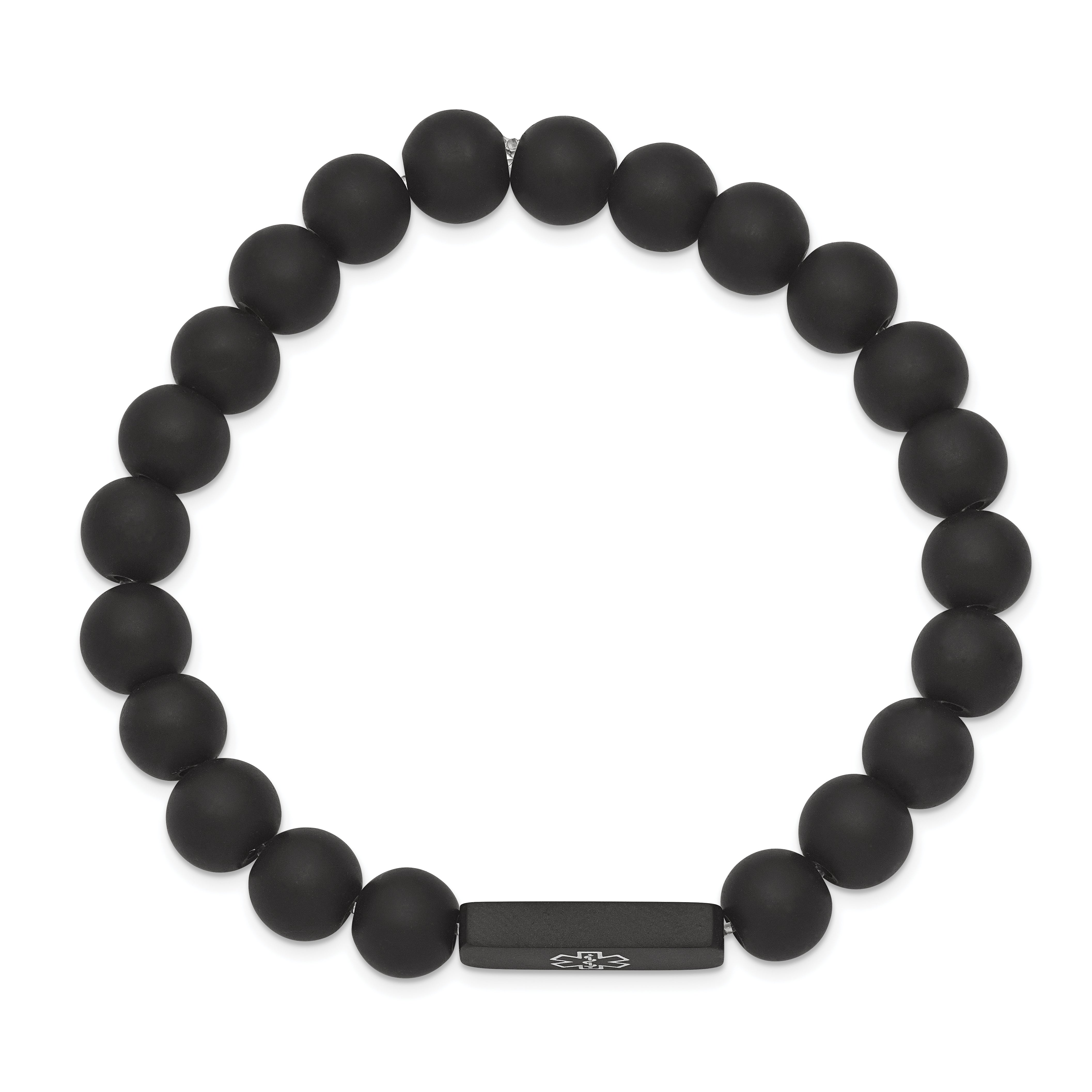 Chisel Stainless Steel Brushed Black IP-plated with White Enamel Medical ID 8.5mm Black Agate Beaded Stretch Bracelet