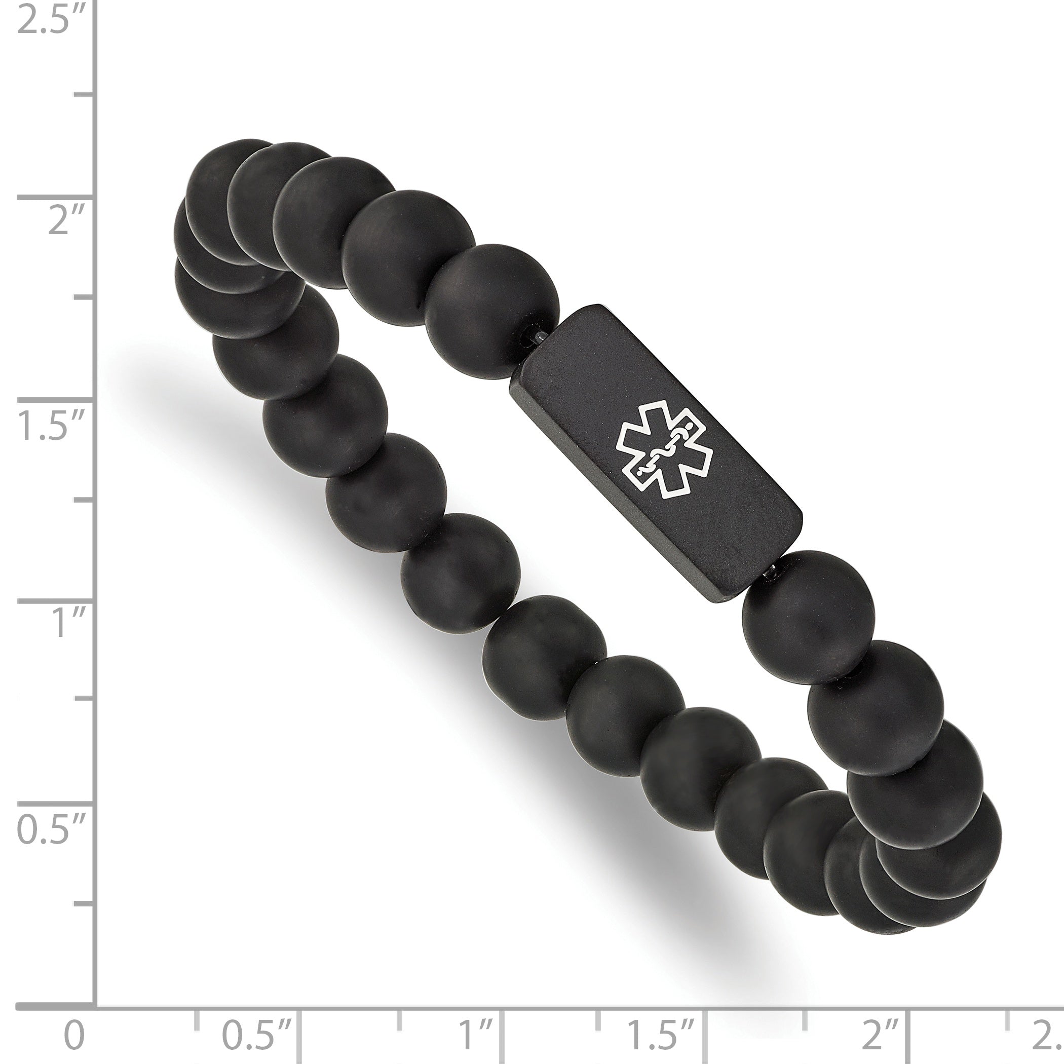 Chisel Stainless Steel Brushed Black IP-plated with White Enamel Medical ID 8.5mm Black Agate Beaded Stretch Bracelet