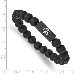 Chisel Stainless Steel Brushed Black IP-plated with White Enamel Medical ID 8.5mm Black Agate Beaded Stretch Bracelet